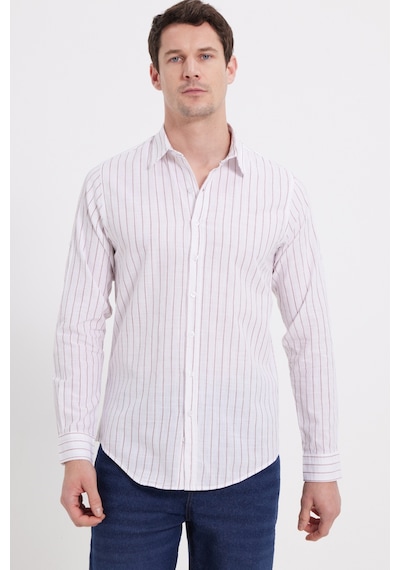 Tudors Erkek Slim Fit Dar Kesim Uzun Kollu %100 Pamuk Keten Doku Çizgili Gömlek-42652 Beyaz