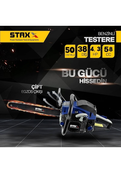 Staxx Power Çift Egzoz Benzinli Ağaç Motorlu Testere 58cc 4.3hp Staxx Power Çift Egzoz Benzinli Ağaç Motorlu Testere 58cc 4.3hp