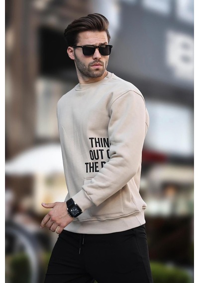 Madmext Bej Bisiklet Yaka Şardonlu Cep Detaylı Baskılı Erkek Sweatshirt 7061 Bej