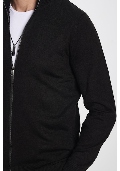 Tudors Erkek Slim Fit Dar Kesim Siyah Dik Yaka Fermuarlı Düz Hırka-32260 Siyah