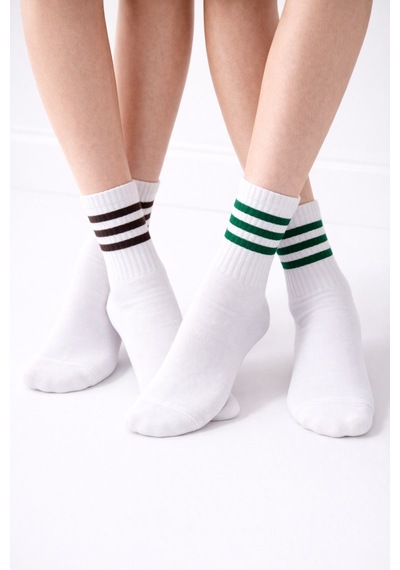 Plus Scorpion Beyaz Çizgili Tenis Çorabı Unisex Pamuklu, Uzun Spor Çorabı Beyaz