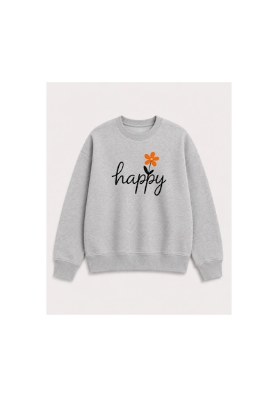 Herkesemoda Happy Baskı Detaylı Şardonlu 2 İplik Bisiklet Yaka Sweatshirt Gri