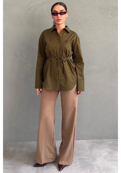 Madmext Haki Belden Bağlamalı Oversize Cepli Gömlek Mg2798