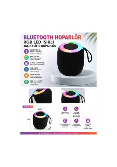 D10 Rgb Led Işıklı Bluetoth Speaker Hafıza Kartı Ve Usb Girişli Fm Radyolu Şarjlı Taşınabilir Hoparlör 5w