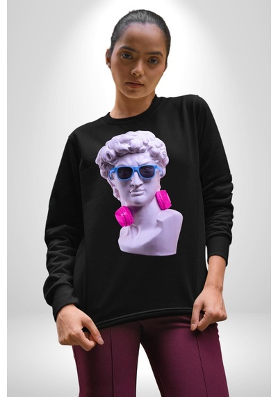 Kulaklık Gözlük Pop Art Heykel Unisex Siyah Sweatshirt Siyah