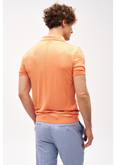 Mercan Slim Fit Dar Kalıp Polo Yaka Düz Kısa Kollu Triko Tişört-16325 Turuncu