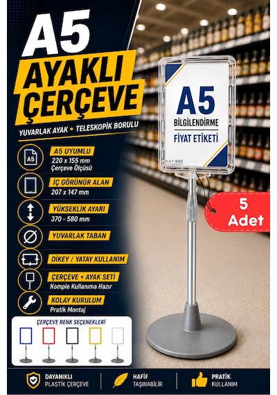 5 Adet - A5 Ayaklı Menü Ve Fiyat Bilgi Standı Yuvarlak Tabanlı Teleskopik Çerçeve Etiketlik Şeffaf