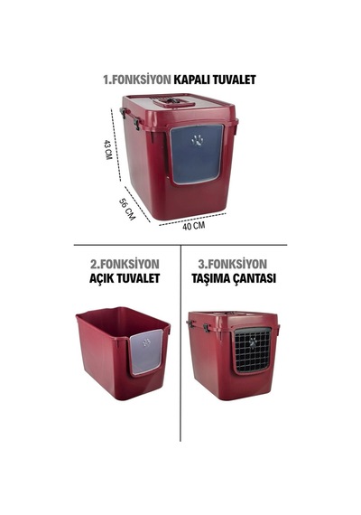 Pribor Hz-500 Xxl 3 Fonksiyonlu Açık / Kapalı Kedi Tuvaleti Ve Taşıma Çantası Bordo 56 X 40 X 43 Cm
