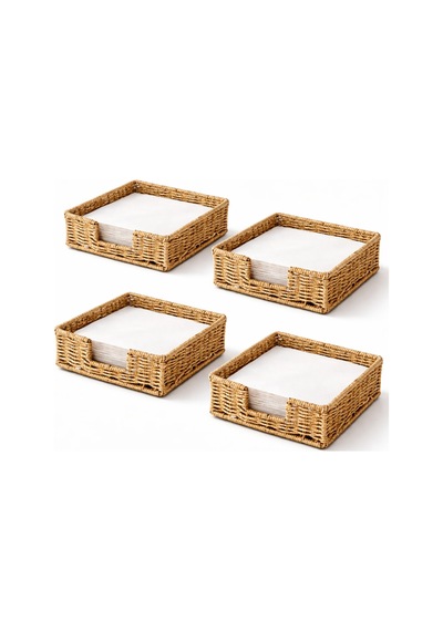 Rattan Hasır Peçetelik 4 Lü Set 17.5x17.5x6.5 Cm Standart Peçete Uyumlu Dekoratif Sunumluk Açık Kahverengi