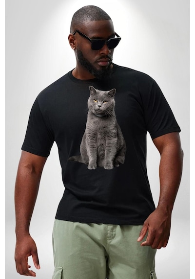 Angemiel British Shorthair Kedi Siyah Büyük Beden Erkek Kadın Unisex Basic Ön Baskılı Tişört Siyah