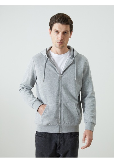 Lcwaıkıkı Basic Gri Kapüşonlu Uzun Kollu Erkek Fermuarlı Sweatshirt