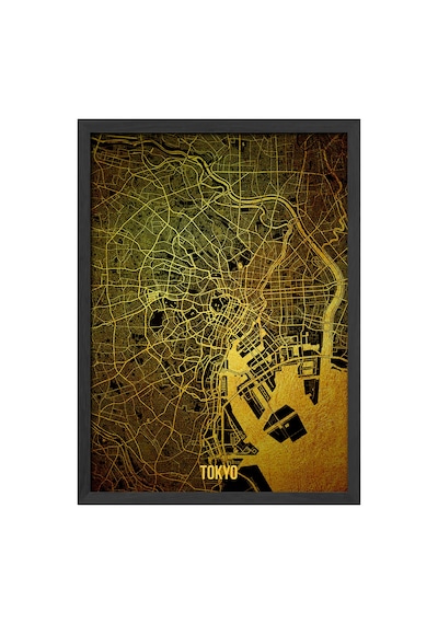 Tokyo Şehir Haritası Siyah Ahşap Çerçeveli Poster, Dekoratif Harita Duvar Tablosu