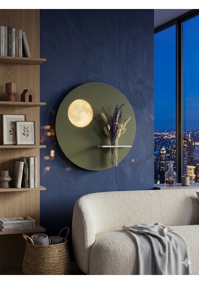 Sümbül 50 Cm Ahşap Pilli Ledli İskandinav Tarzı Duvar Rafı Modern Çiçeklik Haki