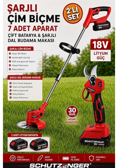 Schutzenger RN783 Şarjlı Ot Çim Biçme Makinesi Tırpan Çift Akülü Şarjlı Dal Budama Makası Kırmızı Prox