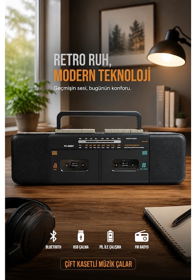 Puxing Px-888bt Siyah Nostaljik Çift Kaset Çalar Radyo - Bluetooth, Usb/sd, Mp3 Çalar