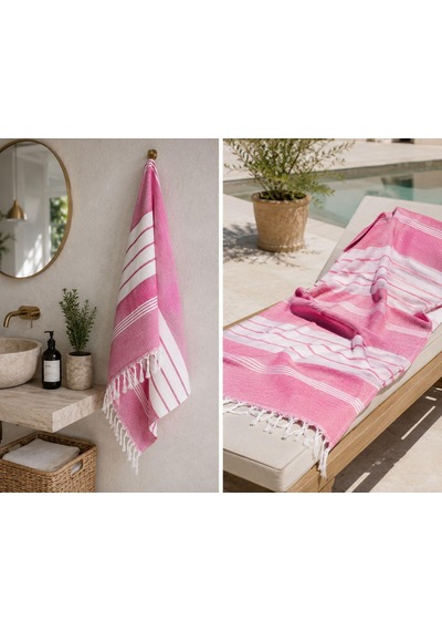Ege Esintisi İnce Yıkamış Peştemal - Pembe Çizgili - Pamuk Plaj, Havuz Ve Hamam Peştemali Diğer