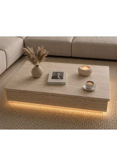 Misterium Perla Led Işıklı 90x75 Kare Orta Sehpa - Traverten Doku - Mermer Desen