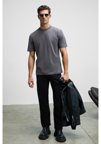 Grimelange Solo Erkek %100 Organik Pamuklu Kalın Dokulu Comfort Fit Bisiklet Yakalı Antrasit T-Shirt