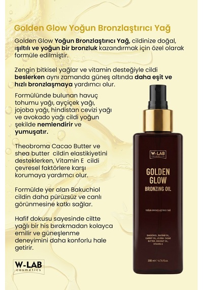W-lab Cosmetics Golden Glow Yoğun Bronzlaştırıcı Yağ 200 Ml