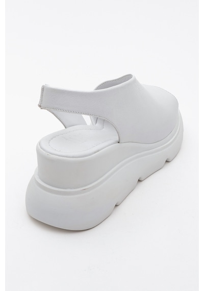 Luvishoes Agusto Beyaz Cilt Hakiki Deri Kadın Dolgu Topuk Sandalet Beyaz