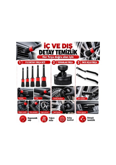7 Parça Profesyonel Oto Detay Temizlik Fırça Seti - 5 Farklı Boy Detay Fırçası, 1 Adet Lastik Ve Jant Fırçası, 1 Adet İnce Temizlik Fırçası - Araç İçi, Klima, Jant Ve Derz Temizleme Seti