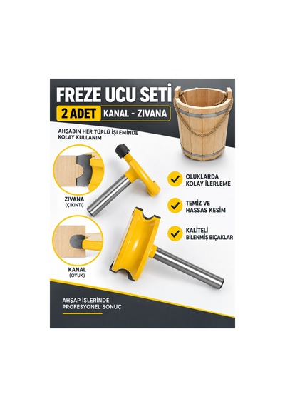 2'li Kanal Geçmeli Birleşim Freze Ucu Seti 38 Mm 8 Mm Şaft Ahşap Birleştirme