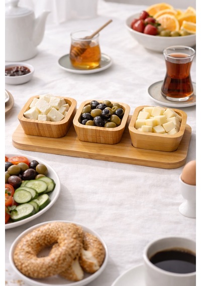 3 Lü Bambu Sunumluk Seti Çerezlik Kahvaltılık Bambu Servis Tabağı Şık Sunum Tepsisi Ahşap