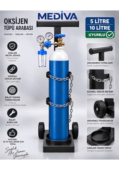 Oksijen Tüpü Taşıma Arabası - Tüp Arabası - 5 Ve 10 Litre Taşıma Kapasitesi Siyah