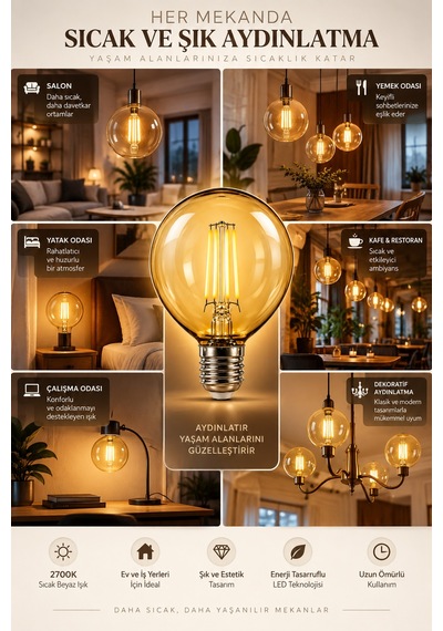 G80 Dimmerli Rustik Gün Işığı 2700k Amber Led Ampul Filament E27 Duylu Filamanlı Edison Ampül 1 Ad