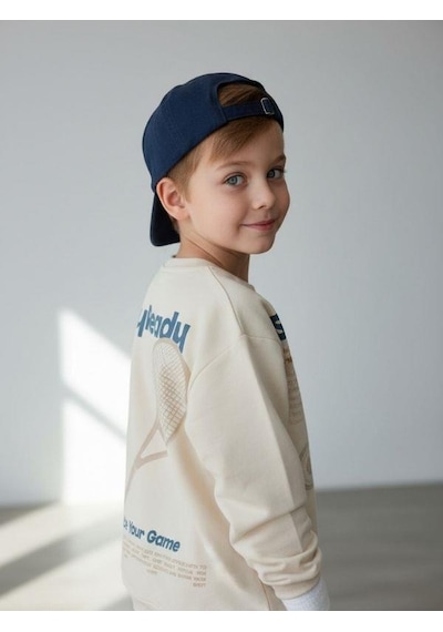 Zekids Erkek Çocuk Pamuklu Stay Yazılı İnce Uzun Kollu Sweatshirt-16334 Taş