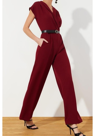 Ersefa Kadın Moda Standart Kol Geniş Paça Kruvaze Uzun Kemerli Kruvaze Y Bordo