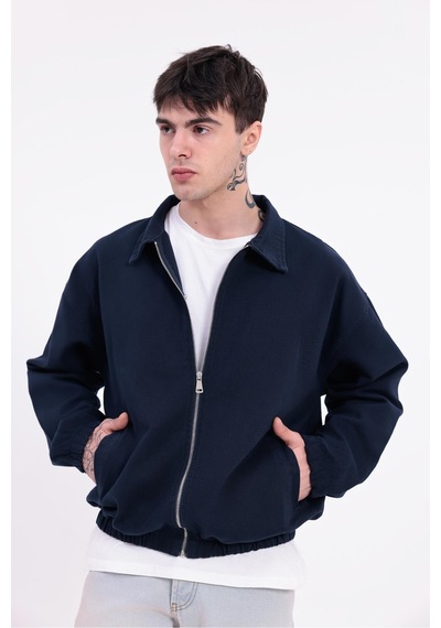 Erkek Gabardin Kumaş Fermuarlı Oversize Beli Lastikli Mevsimlik Ceket-265 Lacivert