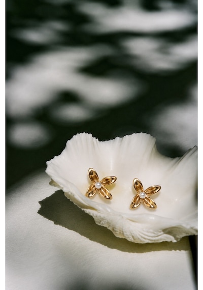 Pearl Collection Lily Pearl Gold İnci Çiçek Küpe Altın Altın