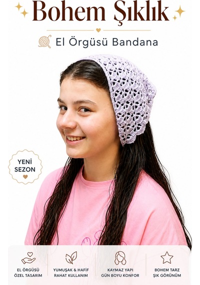 Kadın El Örgüsü Saç Bandanası Bohem Kombin Bone Yazlık Bandana Saç Aksesuarı Lila Renk Beyaz