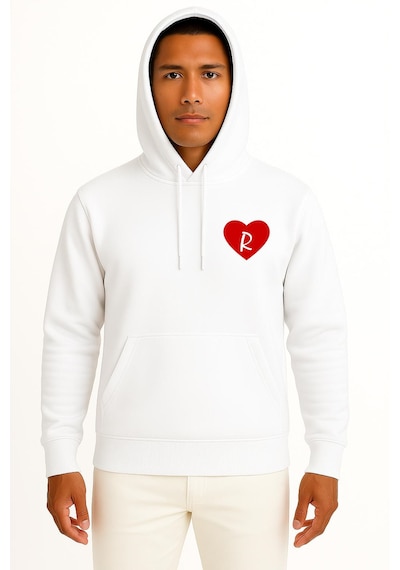 Bahriyeli Collection Kapüşonlu Sevgililer Günü Özel Kalp İçinde R Harfi Cep Baskılı Unisex Sweatshirt Beyaz