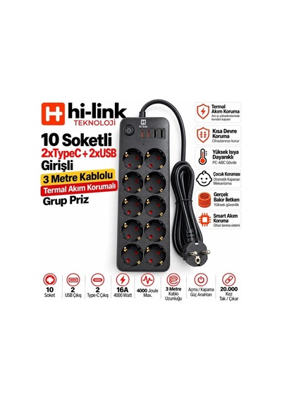 Hi-link 10 Soketli 2xtype-c +2xusb Girişli 3 Metre Kablolu Akım Korumalı Grup Priz 3 M