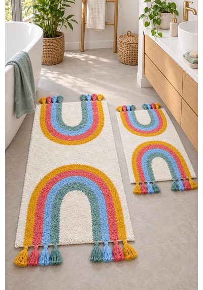 Alanur Bodrum Tufting Gökkuşaği Cotton Pamuklu El Işi Örgülü 2 Li Paspas Set Renkli