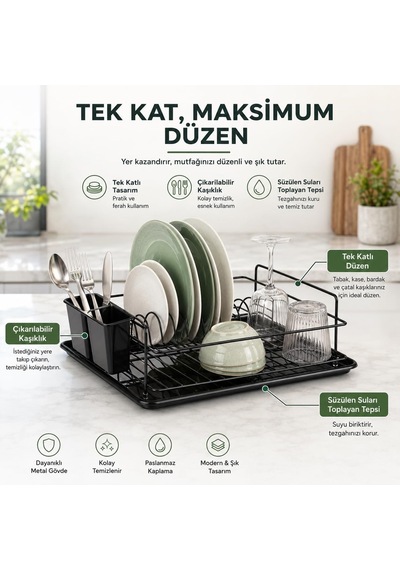 Ayrex Ömür Boyu Paslanmaz Siyah Bulaşıklık Bulaşık Süzgeci Tek Katlı Tabaklık Termo Plastik Kaplama Diğer