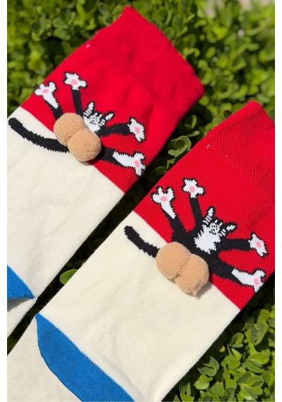 Lousocks Unisex Kırmızı Krem Renk Bloklu Kedi Desenli Ponpon Soket Çorap
