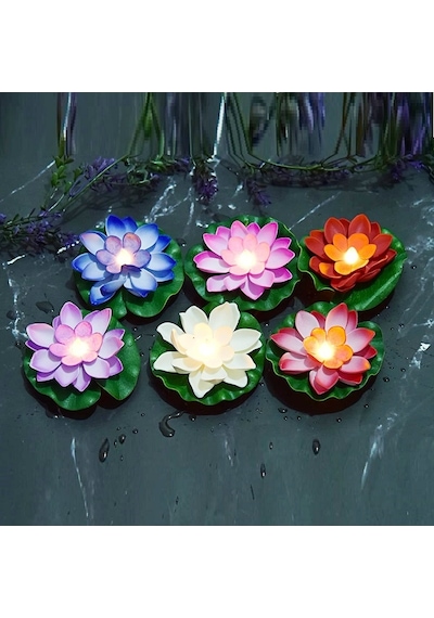 Dekor Düğün Mumları 6 Adet Işıklı Su Mumu Suda Yüzen Lotus Çiçekleri Pilli Mum Water Floating Candle