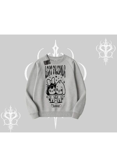 Biskilet Sweatshirt Best Friends Forever Baskılı Sevimli Tasarım Gri
