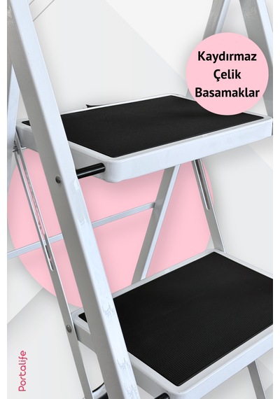 Portalife 3 Basamaklı Beyaz Çelik Şık Merdiven 101-150cm Arası