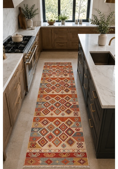 Dekoratif Halı Kaymaz Taban Leke Tutmaz Yıkanabilir Kilim Özel Ölçü Salon Halısı 3052 Çok Renkli