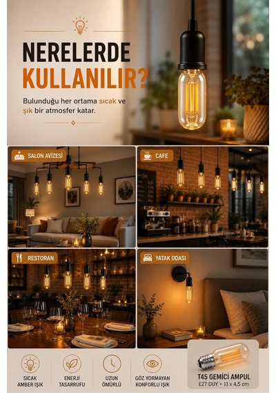 T45 Rustik Filament Led Ampul, E27 Duy, 4w, 2700k Sıcak Gün Işığı, 280 Lm, 5'li Set Diğer