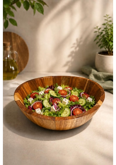 24 Cm Akasya Ahşap Salata Kasesi Modern Ekmeklik , Şık Ve Doğal Sunum Kasesi
