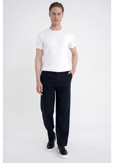 Oversize Kalıp Yan Cep Beli Lastikli Lacivert Keten Pantolon P 1216