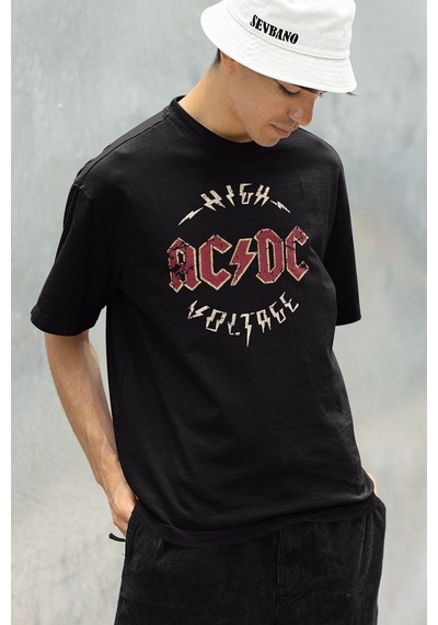 High Ac Dc Voltage Baskılı Unisex Oversize Rock Metal Tişört Siyah