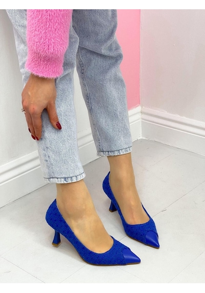 Ervanın Butiği Saks Mavi Tüvit Tress Maskelet Detay Kadın Stiletto-4097