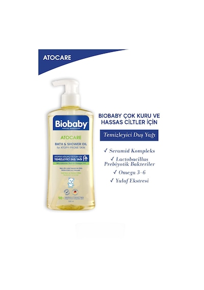 Biobaby Atocare Atopi Eğilimli Ciltler İçin Temizleyici Duş Yağı 500 Ml Seramid Prebiyotik Omega 3 - 6 Yulaf