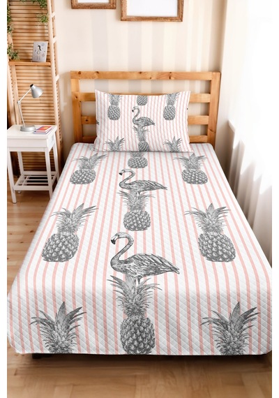 Flamingo Ananas Çizgili Pembe Genç Odası Tek Kişilik Pike Takımı-gri Tropikal Yatak Örtüsü 160x220cm Bulanık Koru Kıyımı